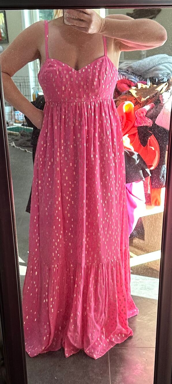 Lilly Pulitzer Maxi Dress Women’s Pink Gold Spaghetti Strap Polka Dot